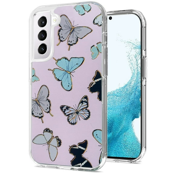 For Samsung Galaxy S22 Ultra Stylish Gold Layer Printing Design Hybrid Rubber TPU Hard PC Shockproof Armor Rugged Slim Cover ,Xpm Phone Case [ Butterflies ]