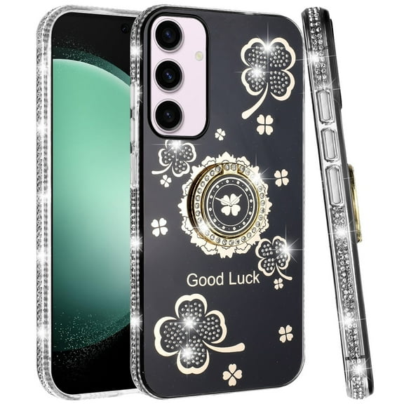 For Samsung Galaxy S23 Diamonds Bling All Around Edges Sparkly Glitter Hybrid Ring Stand Holder Fashion Good Luck Cover ,Xpm Phone Case [ Black ]