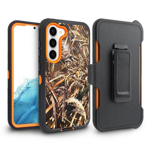 For Samsung Galaxy S23 Heavy Duty Rugged Shockproof Full Body Protection 360 Swivel Kicktand Holster Belt Clip And Built in Screen Protector Phone Cover Case - Camo Orange