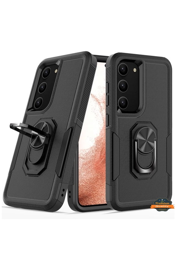 For Samsung Galaxy S23+ Plus Heavy Duty Hybrid Rugged 2in1 TPU Shockproof Protective with Magnetic Ring Stand Holder Phone Case Cover by Xpression - Black