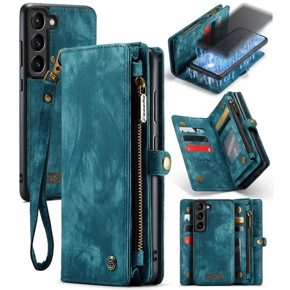 For Samsung Galaxy S23 Plus Wallet Case,Multi-Functional Retro Leather Purse Flip Cover Zipper Wallet Case with Removable Card Slots Pocket & Detachable Wrist Strap Magnetic Phone Case, Green