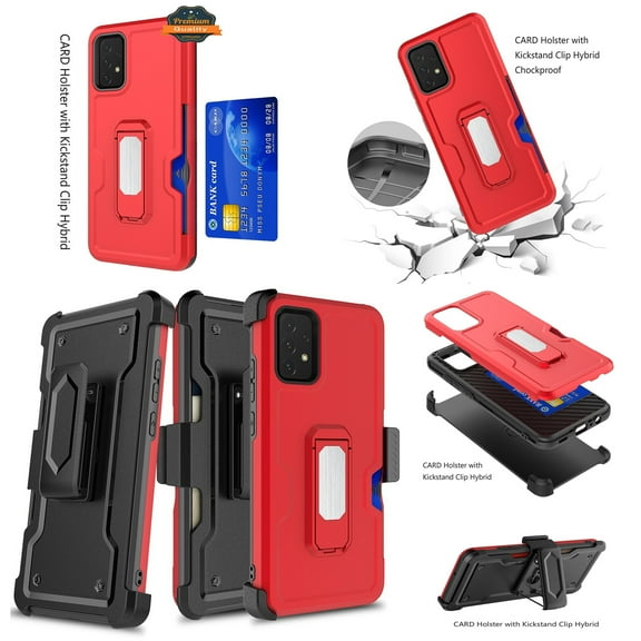 For Samsung Galaxy S23 Ultra Armor Belt Clip with Credit Card Holder ID Slot, Holster, Kickstand Heavy Duty Hybrid Cover ,Xpm Phone Case [ Red ]