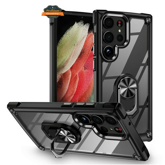 For Samsung Galaxy S23 Ultra Clear Transparent Hybrid with 360° Magnetic Ring Stand PC Heavy Duty Shockproof Hard Back Phone Case Cover by Xpression - Black