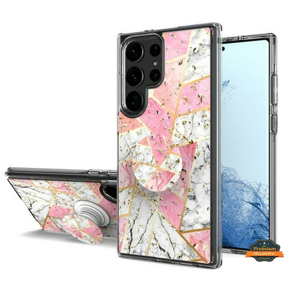 For Samsung Galaxy S23 Ultra Elegant Pattern Design Bling Glitter Hybrid with Ring Stand Pop Up Finger Holder Kickstand Phone Case Cover by Xpression - Marble Pink