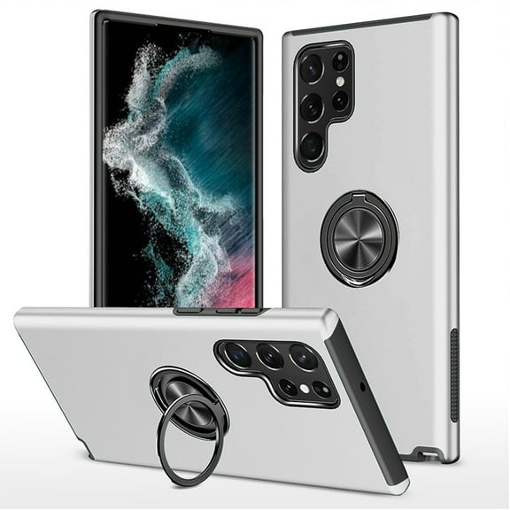 For Samsung Galaxy S23 Ultra Hybrid 360 Degree Rotatable Metal Invisible Ring Stand, Fit Magnetic Car Mount Shockproof Cover ,Xpm Phone Case [ Silver ]