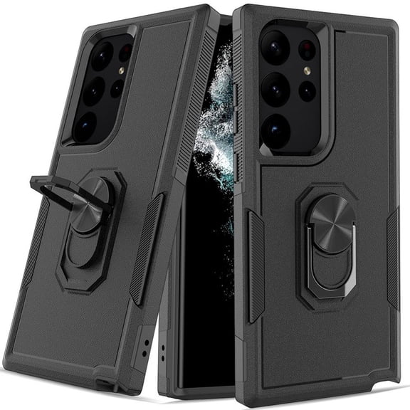 For Samsung Galaxy S23 Ultra Hybrid Rugged Hard Drop-Proof 3 Layer Protection Military Grade Armor with Metal Ring Stand Cover ,Xpm Phone Case [ Black ]