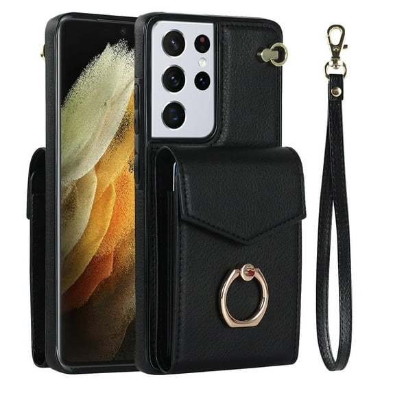 For Samsung Galaxy S23 Ultra/S23+/S23 Case Cover, Shockproof Leather Card Wallet Ring Stand Cover With Long Strap