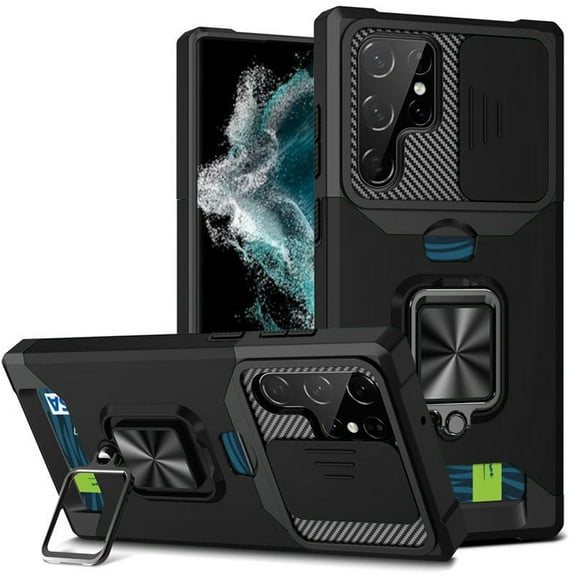For Samsung Galaxy S23 Wallet Case with Ring Stand & Camera Cover Credit Card Holder, Military Grade Hard Shockproof Cover ,Xpm Phone Case [ Black ]
