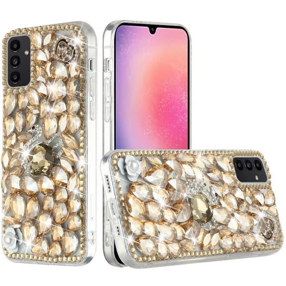 For Samsung Galaxy S24 5G Bling Crystal 3D Full Diamonds Luxury Sparkle Rhinestone Ornaments Hybrid Protective Cover ,Xpm Phone Case [ Gold Swan Crown Pearl ]