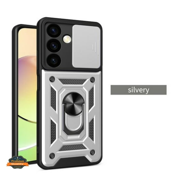 For Samsung Galaxy S24 5G Built in Sliding Camera Lens Protection & Finger Ring Stand Holder Hybrid TPU PC Shockproof Phone Case Cover by Xpression - Silver