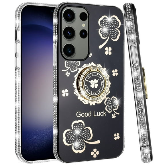 For Samsung Galaxy S24 5G Diamonds Bling All Around Edges Sparkly Glitter Hybrid with Ring Stand Holder Fashion Good Luck Cover ,Xpm Phone Case [ Black ]