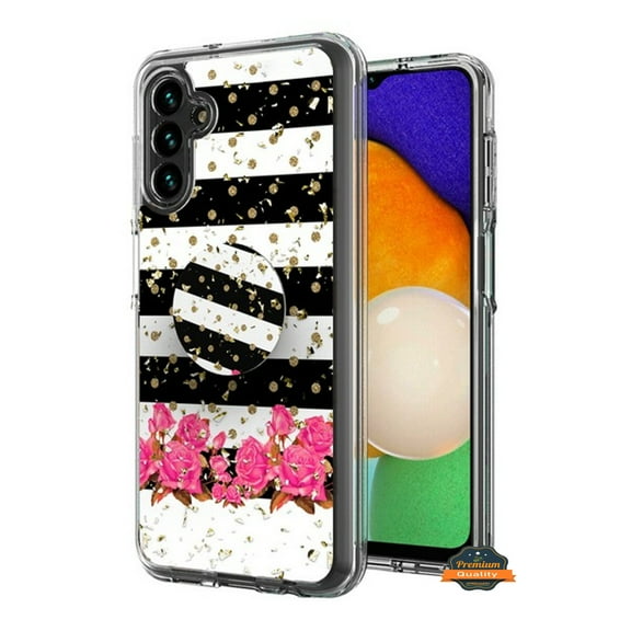 For Samsung Galaxy S24 5G Elegant Pattern Design Bling Glitter Hybrid with Ring Stand Pop Up Finger Holder Kickstand Phone Case Cover by Xpression - Black White
