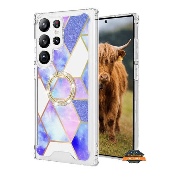 For Samsung Galaxy S24 5G Fashion Design Pattern Hybrid Ring Kickstand Bling Diamond Hard PC TPU Protective Phone Case Cover by Xpression - Purple Marble Rhombic