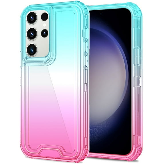 For Samsung Galaxy S24 5G Hybrid 3in1 Clear Two Color Tone Transparent Shockproof Rubber TPU + Hard Protective Frame Cover ,Xpm Phone Case [ Blue Teal + Pink ]