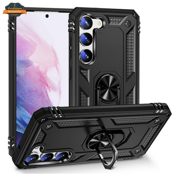For Samsung Galaxy S24 5G Shockproof Hybrid Dual Layer PC + TPU with Ring Stand Metal Kickstand Heavy Duty Armor Shell Phone Case Cover by Xpression - Black