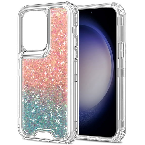 For Samsung Galaxy s24 Epoxy Sticker Glitter 3in1 Shockproof Transparent Hybrid Case - Pink + Light Blue