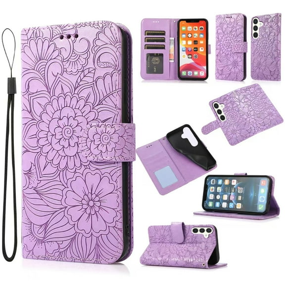 For Samsung Galaxy S24 Case, Premium Leather Magnetic Closure Flip Wallet Case with Card Holder Cash Slot Stand Function Embossed Flower Pattern Slim Shockproof Lanyard/Strap Cover,Purple