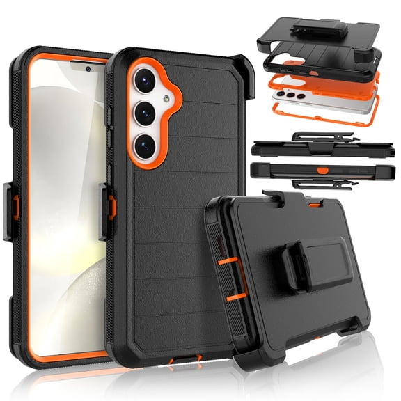For Samsung Galaxy S24 Case,Takfox Holster Phone Case with Built-in Screen Protector Swivel Belt Clip [3 Layers] Heavy Duty Full Body Protection Shockproof Kickstand Cover-Black/Orange