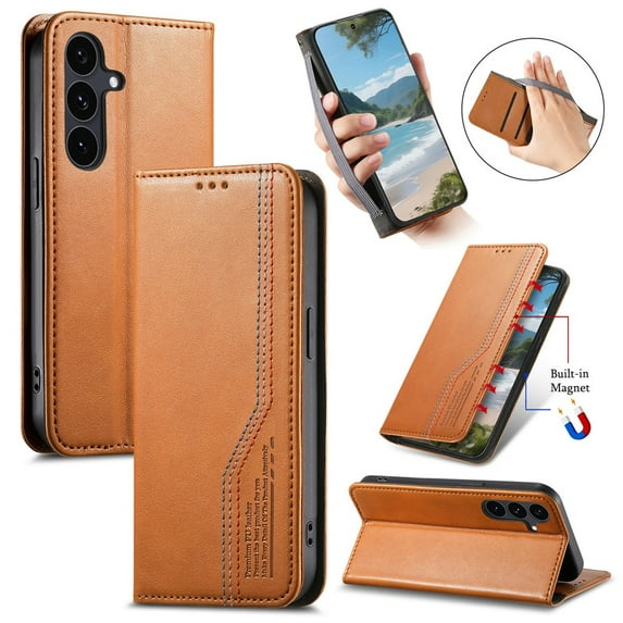 For Samsung Galaxy S24 FE 5G 6.7-inch Case,Elastic Wristband Magnetic Suction Closure Flip Stand Wallet Leather Phone Case,Brown