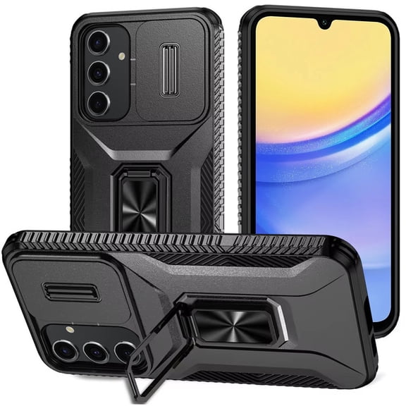 For Samsung Galaxy S24 FE /Fan Edition Camera Cover Phone Case with Magnetic Rotation Ring Stand [Military Grade] Hybrid Hard TPU Cover ,Xpm Phone Case [ Black ]