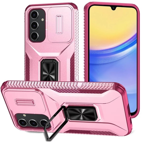 For Samsung Galaxy S24 FE /Fan Edition Camera Cover Phone Case with Magnetic Rotation Ring Stand [Military Grade] Hybrid Hard TPU Cover ,Xpm Phone Case [ Pink ]