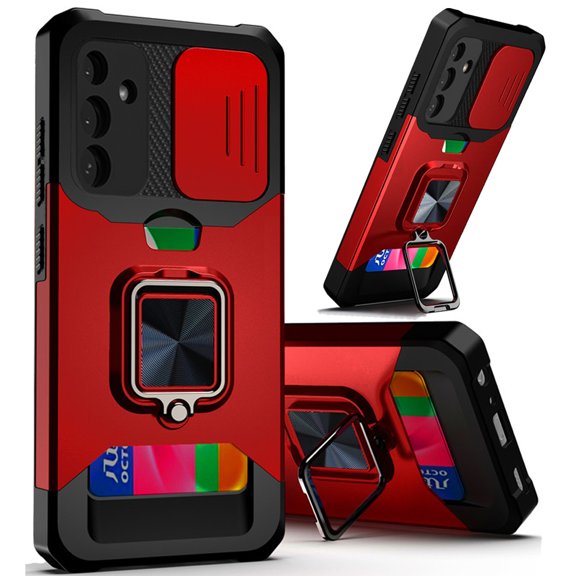For Samsung Galaxy S24 FE /Fan Edition Multi-Functional Wallet with Ring Stand & Slide Camera Cover Credit Card Holder, Military Grade Cover ,Xpm Phone Case [ Red ]