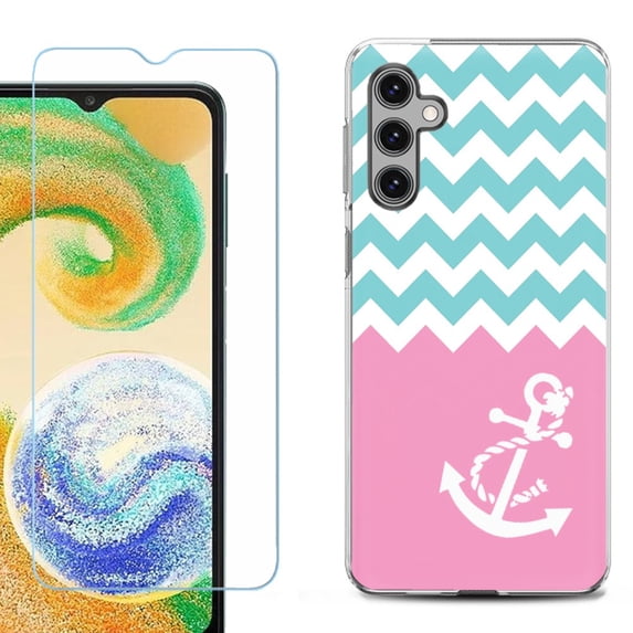 For Samsung Galaxy S24 FE Fan Edition Phone Case Cover with Tempered Glass Screen Protector, by OneToughShield - Chevron/Anchor