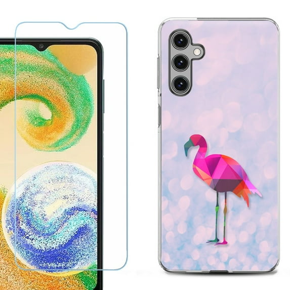For Samsung Galaxy S24 FE Fan Edition Phone Case Cover with Tempered Glass Screen Protector, by OneToughShield - Flamingo / Polygon