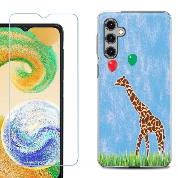 For Samsung Galaxy S24 FE Fan Edition Phone Case Cover with Tempered Glass Screen Protector, by OneToughShield - Giraffe/Balloon