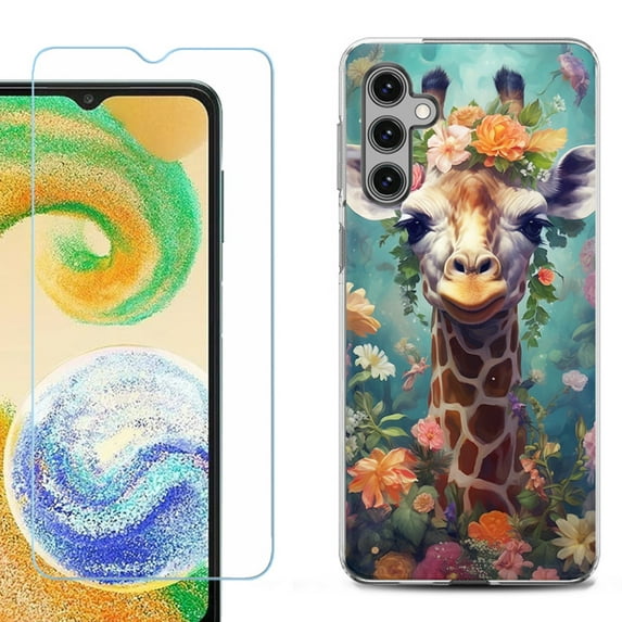 For Samsung Galaxy S24 FE Fan Edition Phone Case Cover with Tempered Glass Screen Protector, by OneToughShield - Giraffe Flower