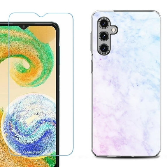 For Samsung Galaxy S24 FE Fan Edition Phone Case Cover with Tempered Glass Screen Protector, by OneToughShield - Marble Pink/Blue