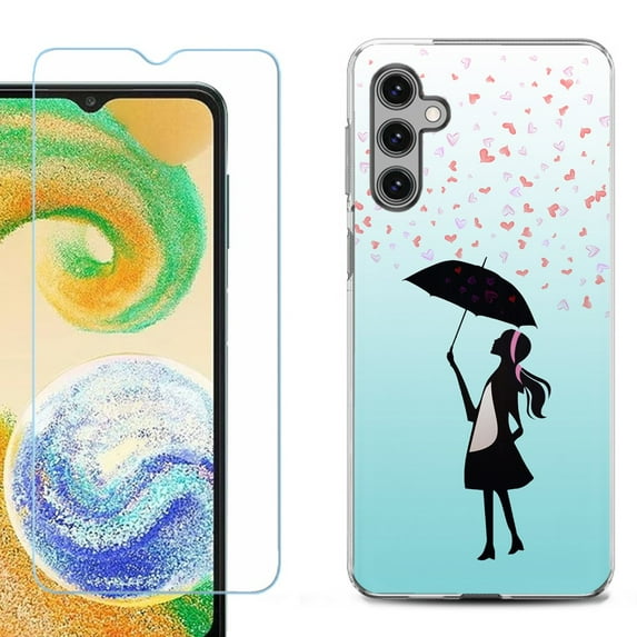 For Samsung Galaxy S24 FE Fan Edition Phone Case Cover with Tempered Glass Screen Protector, by OneToughShield - Rain/Hearts