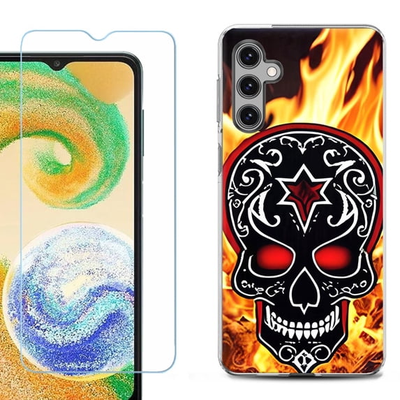 For Samsung Galaxy S24 FE Fan Edition Phone Case Cover with Tempered Glass Screen Protector, by OneToughShield - Skull Flames