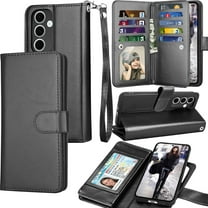 For Samsung Galaxy S24 FE Wallet Case with Credit Card Holder for Women Men, Flip PU Leather Wallet Phone Case for Galaxy S24 FE, Tekcoo Detachable Magnetic Kickstand Cover with Wrist Strap, Black