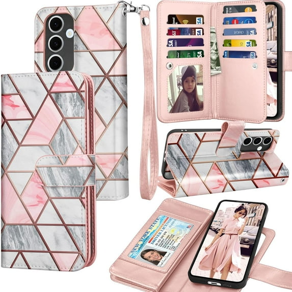 For Samsung Galaxy S24 FE Wallet Case with Credit Card Holder for Women Men, Flip PU Leather Wallet Phone Case for Galaxy S24 FE, Tekcoo Detachable Magnetic Kickstand Cover with Wrist Strap, Marble