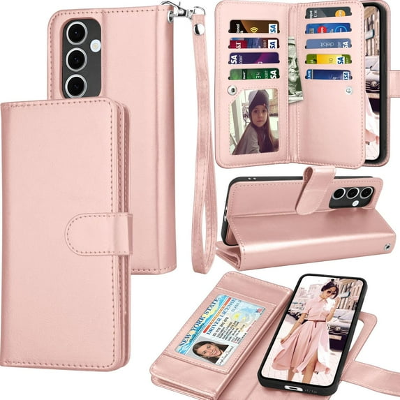 For Samsung Galaxy S24 FE Wallet Case with Credit Card Holder for Women Men, Flip PU Leather Wallet Phone Case for Galaxy S24 FE, Tekcoo Detachable Magnetic Kickstand Cover with Wrist Strap, Rose Gold