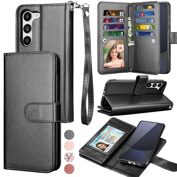 For Samsung Galaxy S24 FE Wallet Case with Credit Card Holder, Wrist Strap for Women Men, Tekcoo Detachable Magnetic Phone Case for Galaxy S24 FE Leather Wallet Flip Folio Kickstand Cover, Black