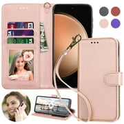 For Samsung Galaxy S24 Phone Case, Ebizware Galaxy S24 RFID Blocking Leather Wallet Case for Women Men with Card Holder Slots and Lanyard Magnetic Flip Kickstand Cover [Rose Gold]