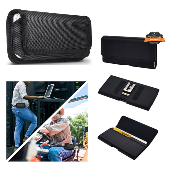 For Samsung Galaxy S24+ Plus Universal Nylon Canvas Horizontal Pouch Holster with Wallet Credit Card Slots & Belt Loop Clip Carrying Phone (6.7") - Black