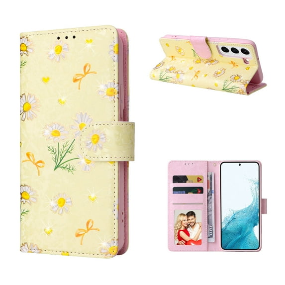 For Samsung Galaxy S24 Plus Wallet Case, Stylish Flowers Pattern PU Leather Cover with Wrist Strap & Card Slots, Kickstand Magnetic Closure Shockproof Slim Case for Women Girls, Yellow Daisy