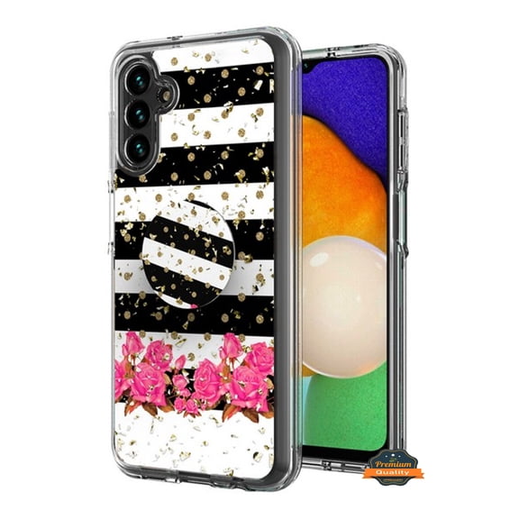 For Samsung Galaxy S24+ /S24 Plus 5G Elegant Pattern Design Bling Glitter Hybrid with Ring Stand Pop Up Finger Holder Kickstand Phone Case Cover by Xpression - Black White