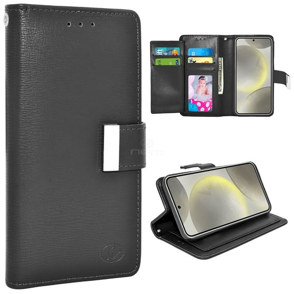 For Samsung Galaxy S24 / SM-S921 Dual layer Shockproof Protection Double Flap Folio Card Slot Leather Magnetic Closure Wallet Pouch Case Cover Black