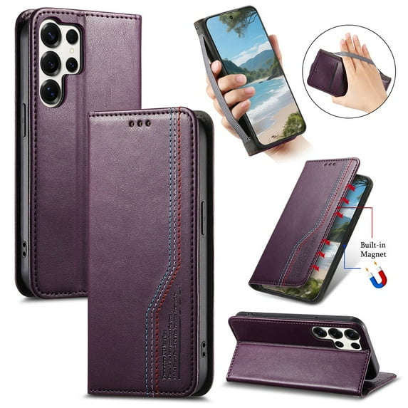 For Samsung Galaxy S24 Ultra 5G 6.8-inch Case,Elastic Wristband Magnetic Suction Closure Flip Stand Wallet Leather Phone Case,Purple