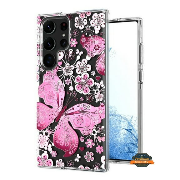 For Samsung Galaxy S24 Ultra 5G Hybrid Trendy Image Patterns Design Transparent Hard Back Shockproof TPU Rubber Phone Case Cover by Xpression - Pink Butterfly