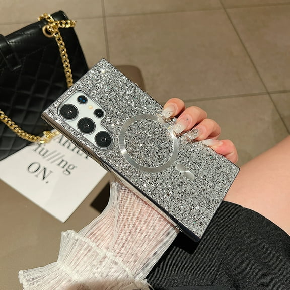 For Samsung Galaxy S24 Ultra Case Glitter, Clear Magnetic Case with Camera Lens Protector [Compatible with MagSafe] Bling Sparkle Plating Soft TPU Slim Shockproof Protective Cover Women,Silver