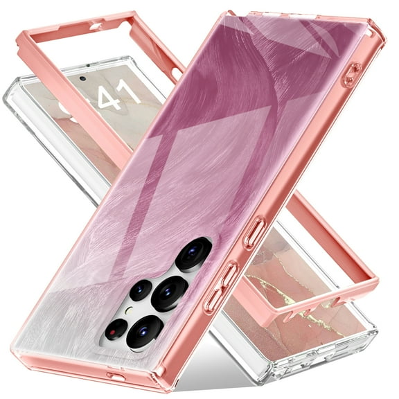 For Samsung Galaxy S24 Ultra Case, Gradient Color Feather Pattern Full Body Shockproof Protective Anti-Scratch Drop Proof Slim Fit Phone Case for Samsung Galaxy S24 Ultra, Pink