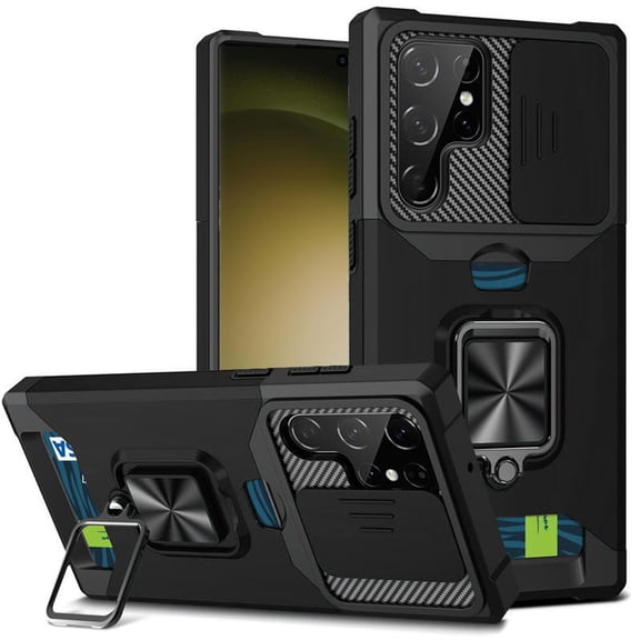 For Samsung Galaxy s24 Ultra Multi-Functional Card Magnetic Ring Stand Hybrid Camera Case Cover - Black