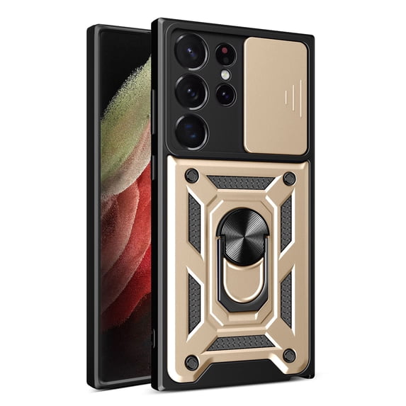 For Samsung Galaxy S24 Ultra Case with Sliding Camera Lens Cover and Ring Kickstand Heavy Duty Military Grade Rugged Protection Shockproof Back Phone Cover for Samsung Galaxy S24 Ultra, Gold