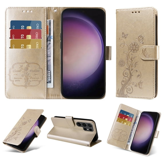 For Samsung Galaxy S24 Ultra Case Wallet, Stylish Flower Butterfly Embossed PU Leather Flip Cover Stand Shockproof Cards Slots Hand Wrist Phone Case for Samsung Galaxy S24 Ultra, Gold