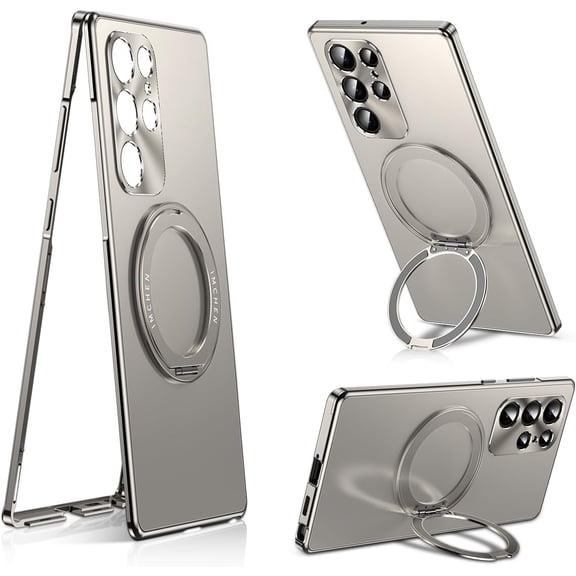 For Samsung Galaxy S24 Ultra Metal Case with 360 Rotating Ring Stand - Refined Protection and Versatility, Titanium